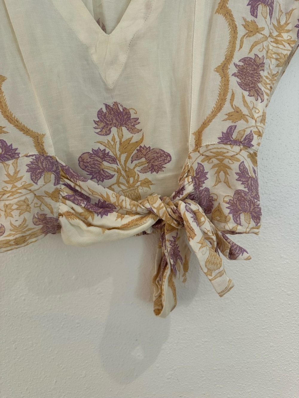 Free People Arielle Cream Floral Tie-Front Blouse Linen Blend - Size M Boho Chic - Picture 3 of 6